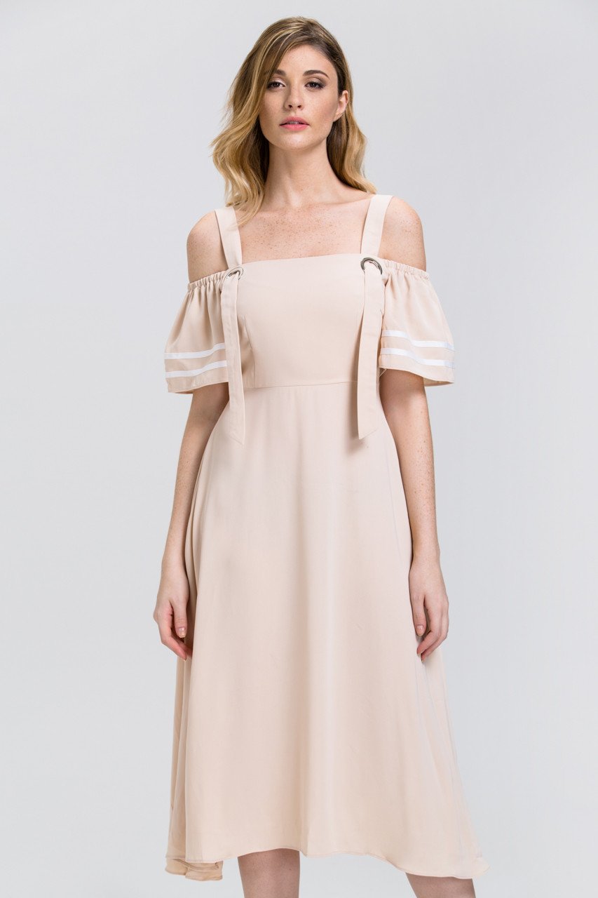 The Real Fouz - Nude Ring Strap off the Shoulder Midi Dress - ownthelooks-Development