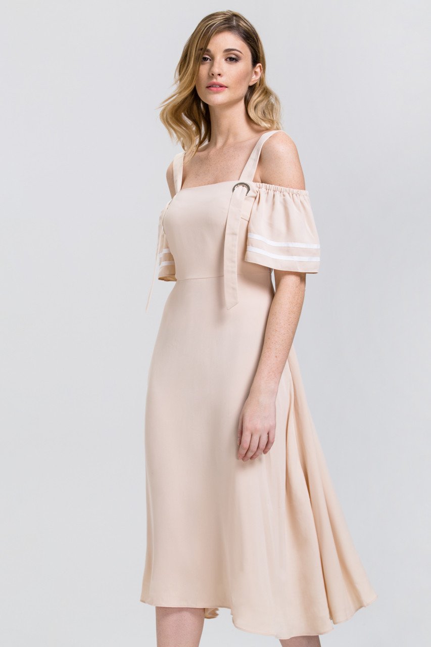 The Real Fouz - Nude Ring Strap off the Shoulder Midi Dress - ownthelooks-Development