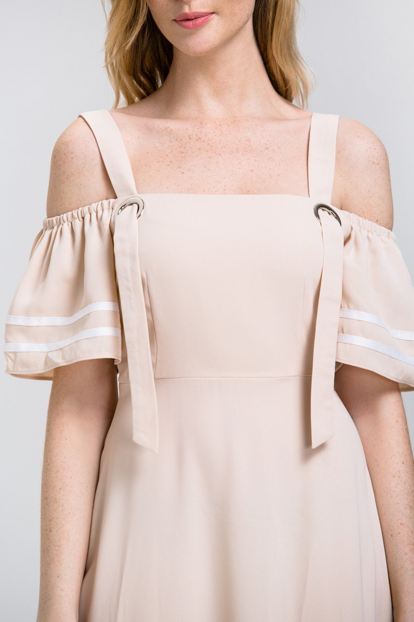 The Real Fouz - Nude Ring Strap off the Shoulder Midi Dress - ownthelooks-Development