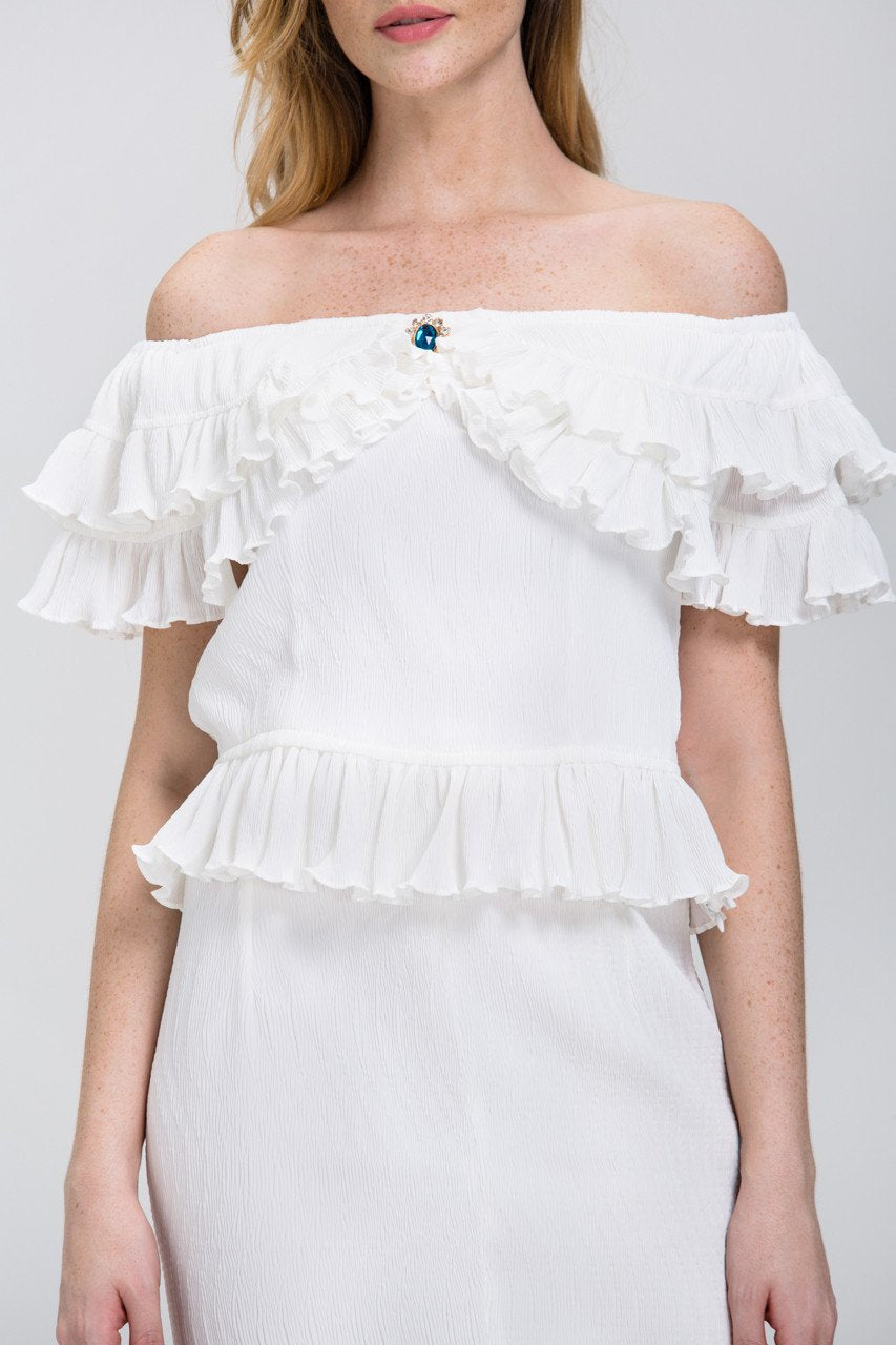 The Real Fouz - White Ruffled Crepe Off the Shoulder Two-piece Midi Dress - ownthelooks-Development