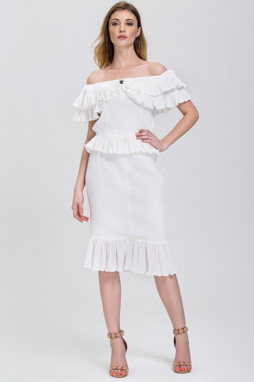 The Real Fouz - White Ruffled Crepe Off the Shoulder Two-piece Midi Dress - ownthelooks-Development