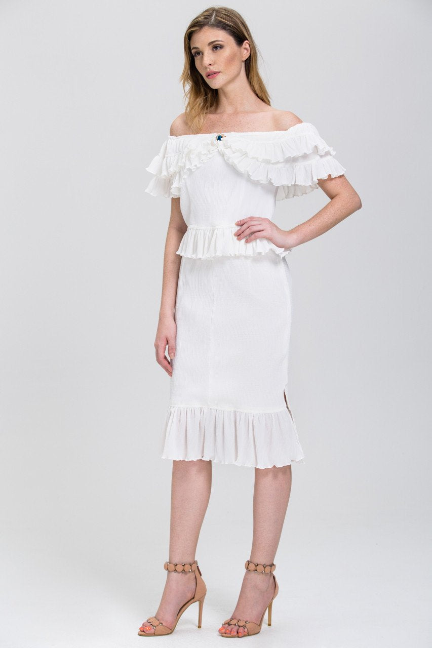 The Real Fouz - White Ruffled Crepe Off the Shoulder Two-piece Midi Dress - ownthelooks-Development