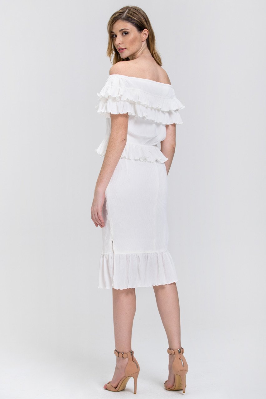The Real Fouz - White Ruffled Crepe Off the Shoulder Two-piece Midi Dress - ownthelooks-Development
