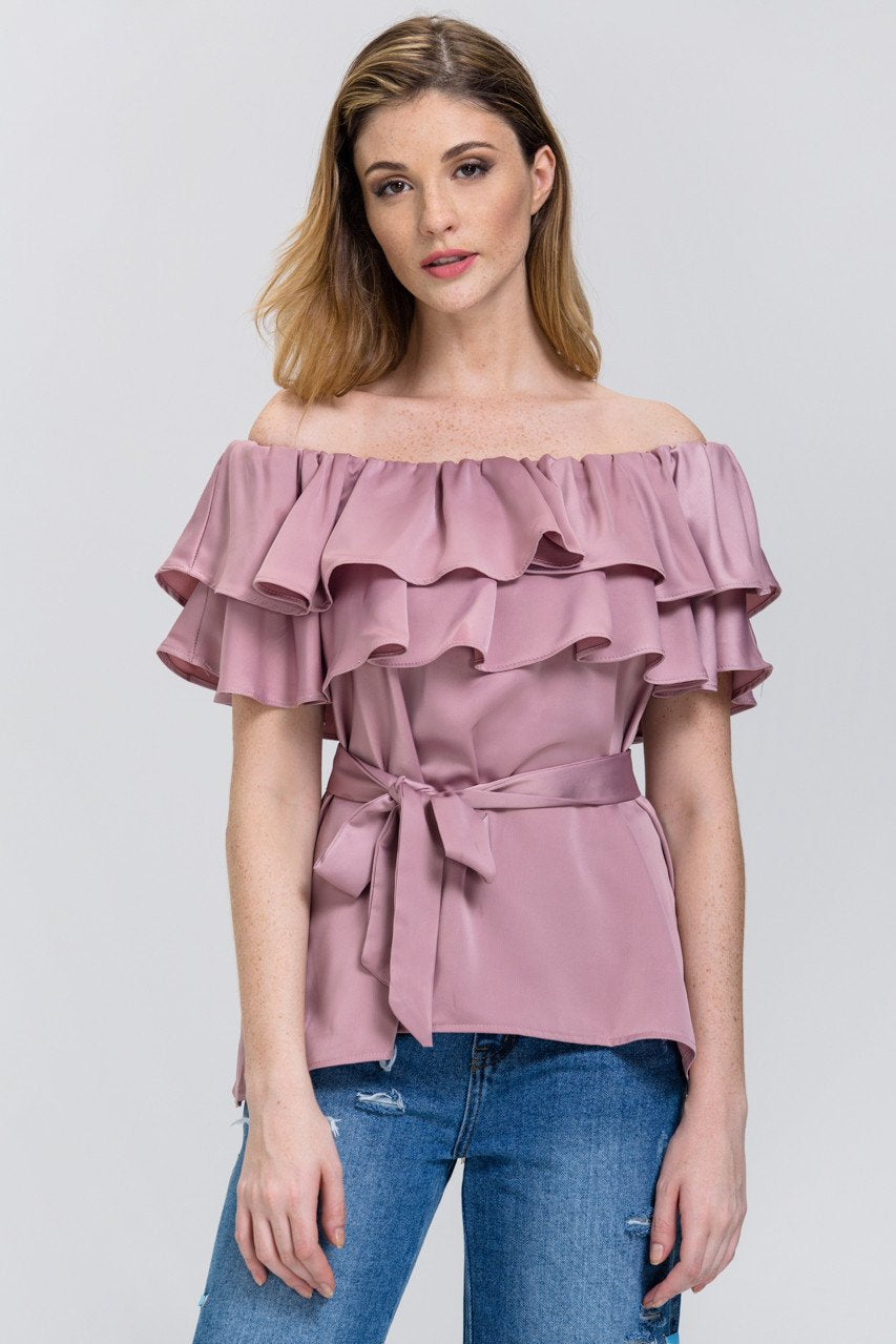 The Real Fouz - Old Rose Satin Tiered Ruffle Off the Shoulder Top - ownthelooks-Development