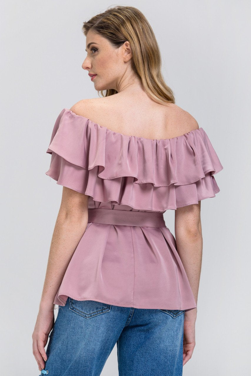 The Real Fouz - Old Rose Satin Tiered Ruffle Off the Shoulder Top - ownthelooks-Development