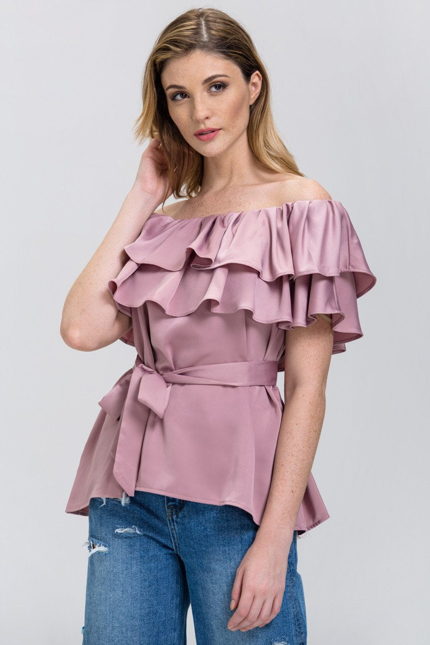 The Real Fouz - Old Rose Satin Tiered Ruffle Off the Shoulder Top - ownthelooks-Development