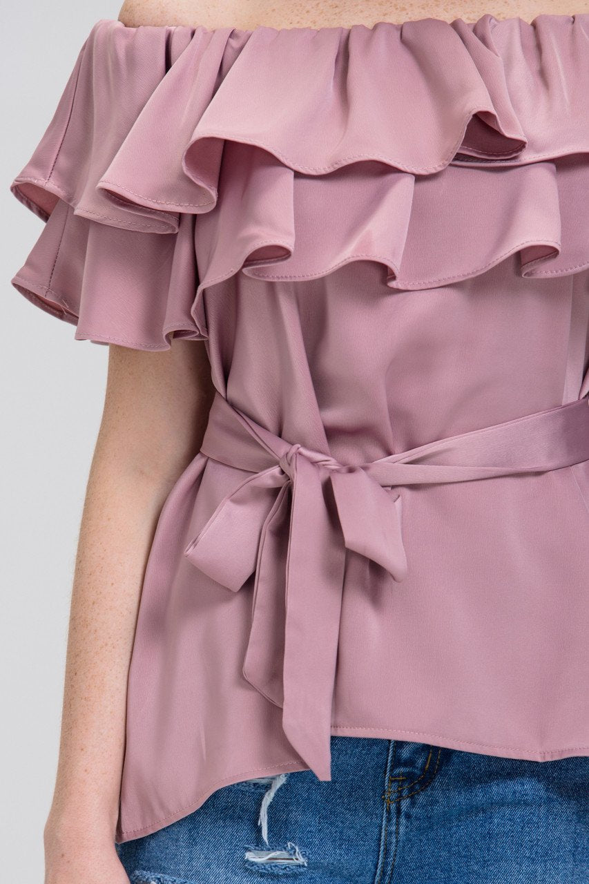 The Real Fouz - Old Rose Satin Tiered Ruffle Off the Shoulder Top - ownthelooks-Development