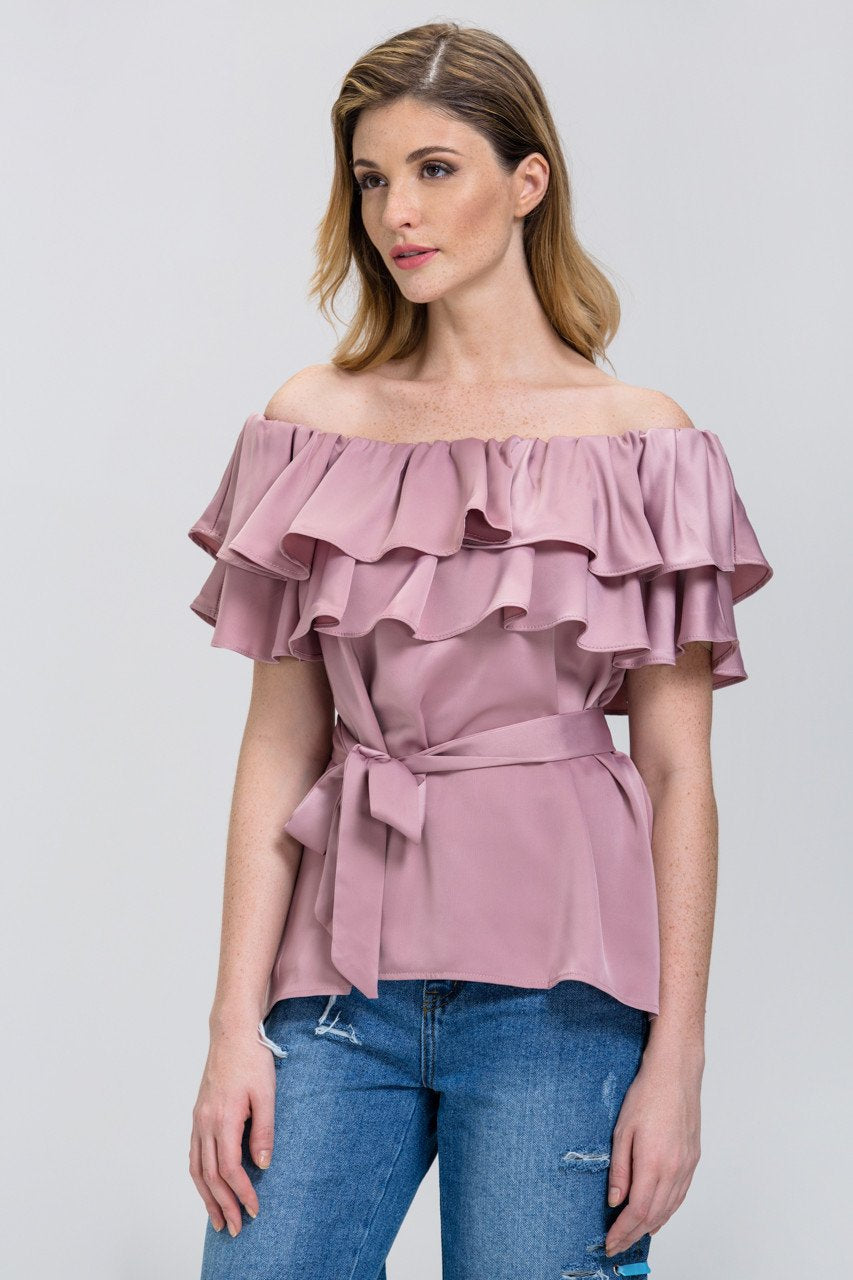 The Real Fouz - Old Rose Satin Tiered Ruffle Off the Shoulder Top - ownthelooks-Development