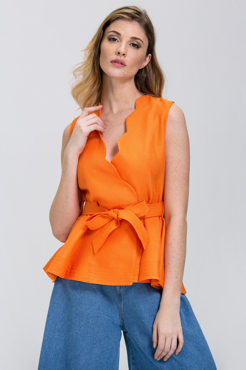 The Real Fouz - Orange Scalloped Overlap Peplum Top - ownthelooks-Development
