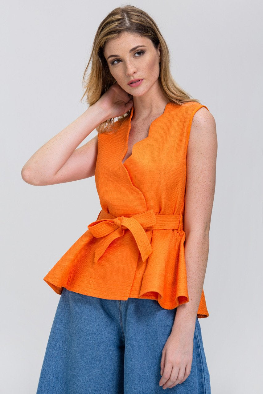 The Real Fouz - Orange Scalloped Overlap Peplum Top - ownthelooks-Development