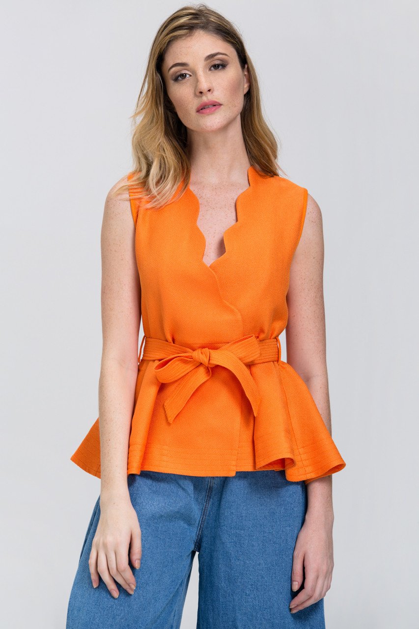 The Real Fouz - Orange Scalloped Overlap Peplum Top - ownthelooks-Development