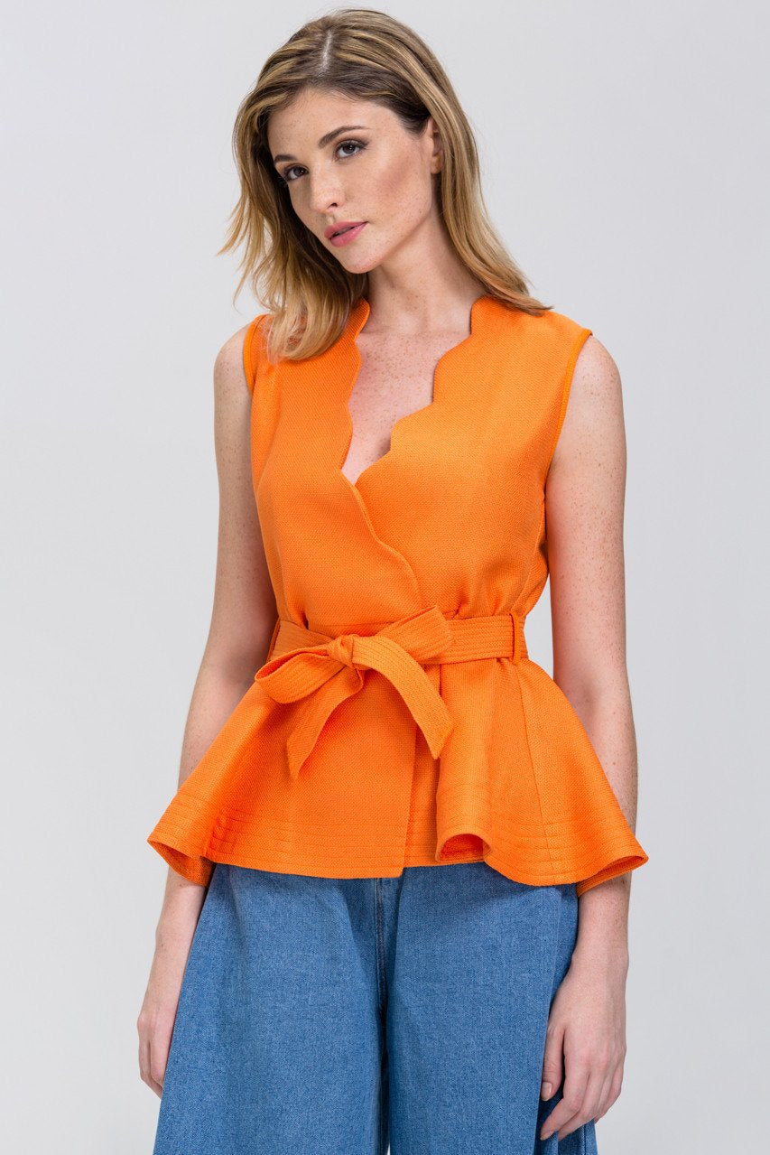 The Real Fouz - Orange Scalloped Overlap Peplum Top - ownthelooks-Development