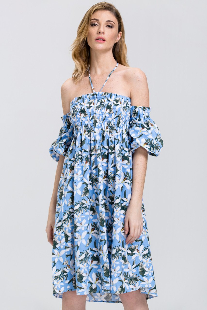 Tropical Flower Print Off the Shoulder Midi Dress - ownthelooks-Development