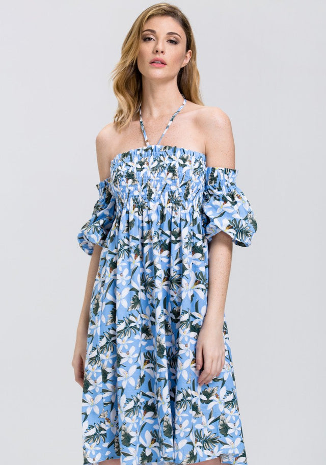 Tropical Flower Print Off the Shoulder Midi Dress - ownthelooks-Development