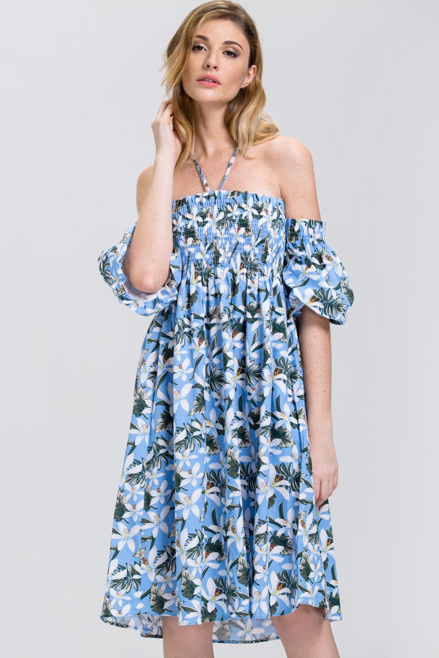 Tropical Flower Print Off the Shoulder Midi Dress - ownthelooks-Development