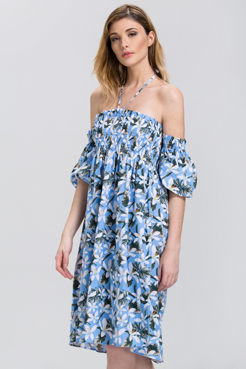 Tropical Flower Print Off the Shoulder Midi Dress - ownthelooks-Development