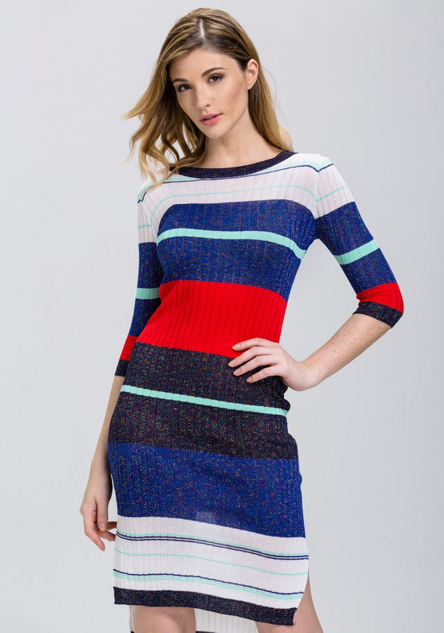 Striped Bodycon Sweater Dress with High-Low Hemline - ownthelooks-Development