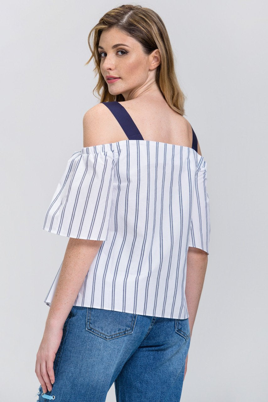 White Blue Belt Strap Stripe Off-The-Shoulder Top - ownthelooks-Development