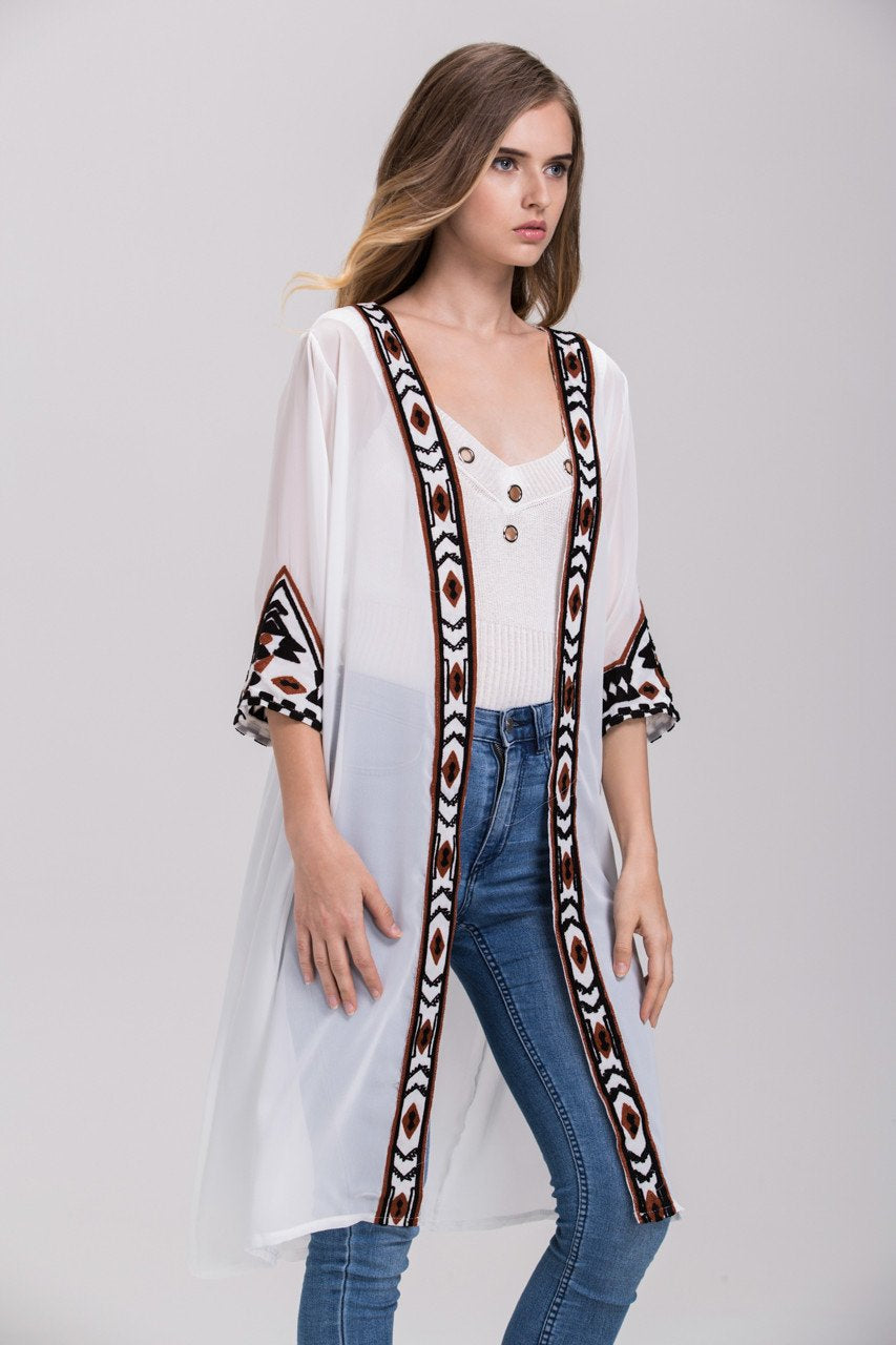 White Sheer Aztec Trim Robe Cardigan Top - ownthelooks-Development