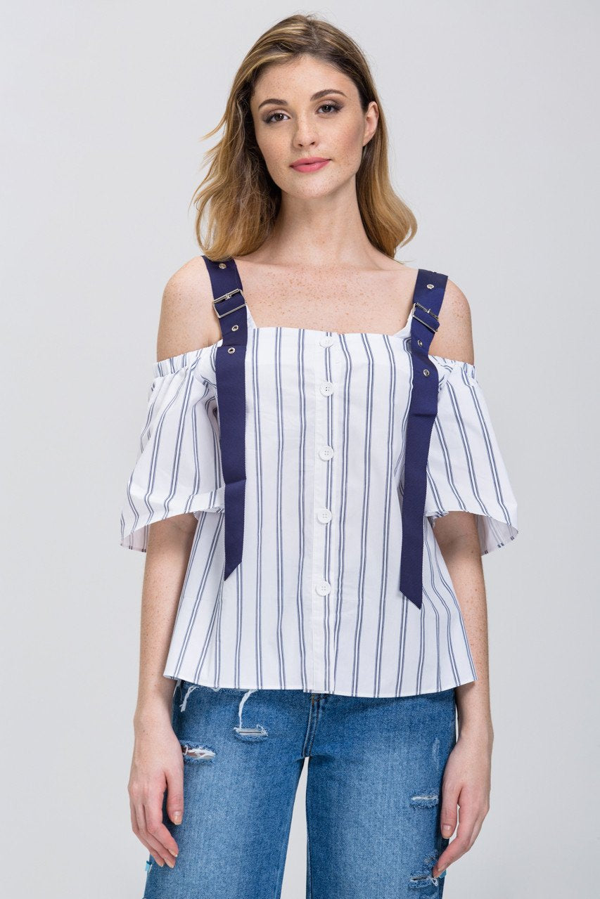 White Blue Belt Strap Stripe Off-The-Shoulder Top - ownthelooks-Development