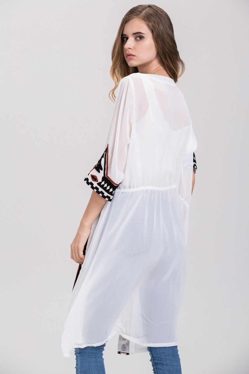 White Sheer Aztec Trim Robe Cardigan Top - ownthelooks-Development