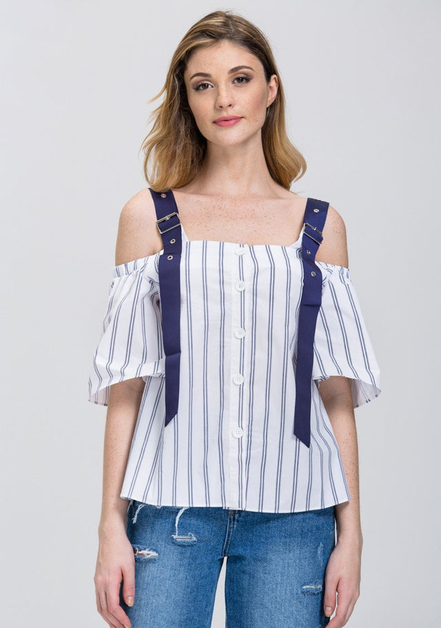 White Blue Belt Strap Stripe Off-The-Shoulder Top - ownthelooks-Development