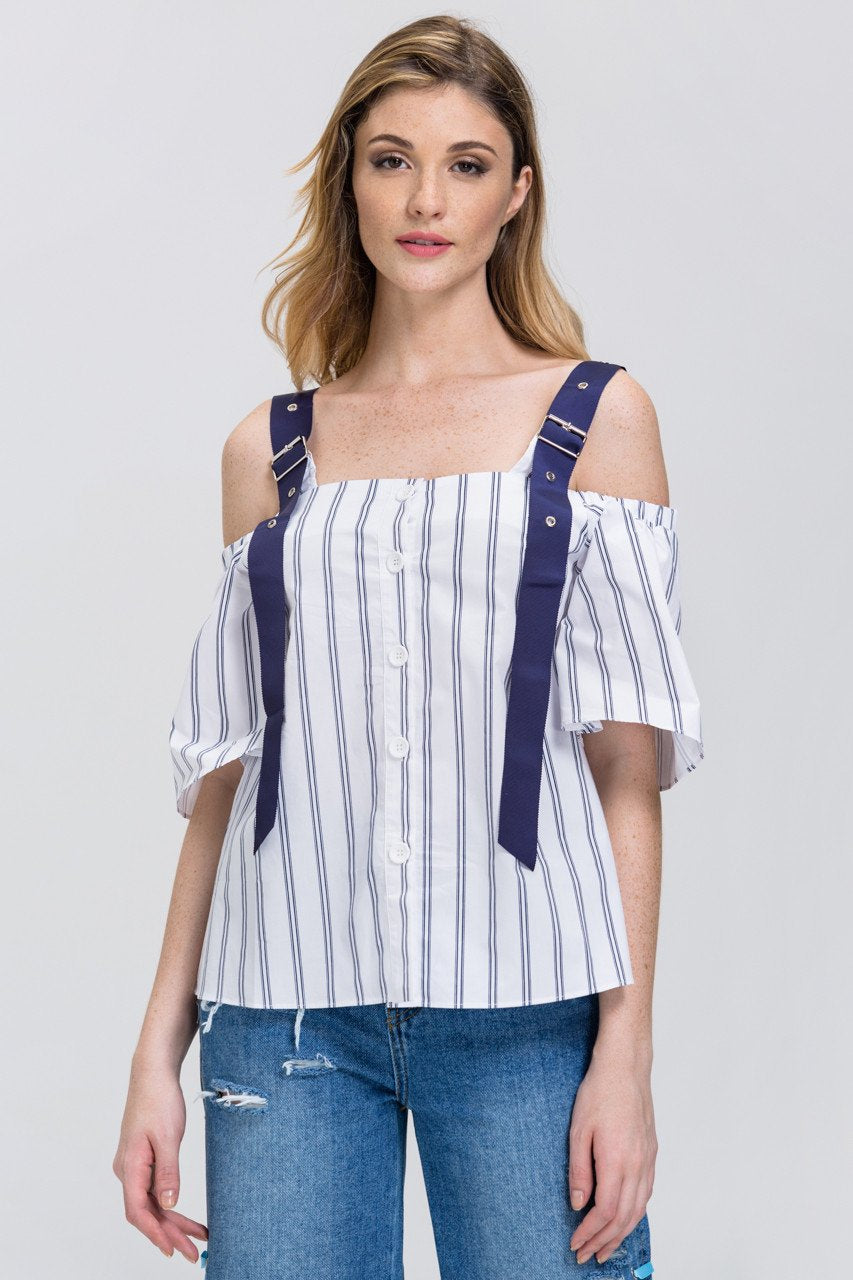White Blue Belt Strap Stripe Off-The-Shoulder Top - ownthelooks-Development