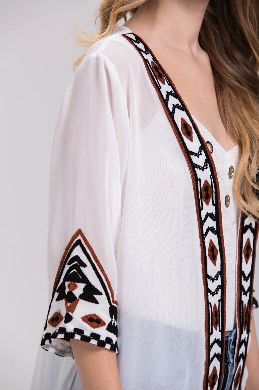 White Sheer Aztec Trim Robe Cardigan Top - ownthelooks-Development
