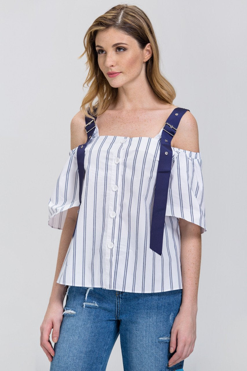 White Blue Belt Strap Stripe Off-The-Shoulder Top - ownthelooks-Development