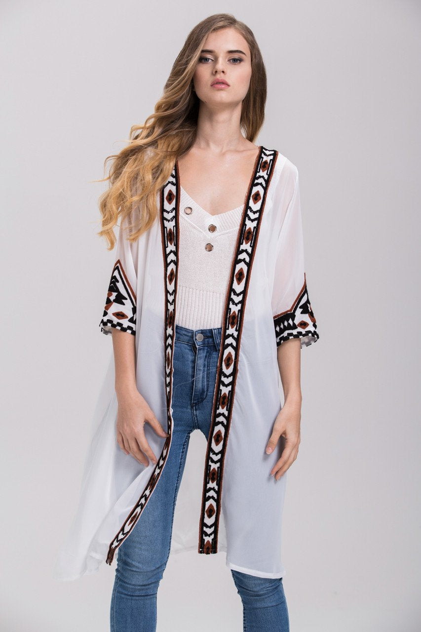 White Sheer Aztec Trim Robe Cardigan Top - ownthelooks-Development