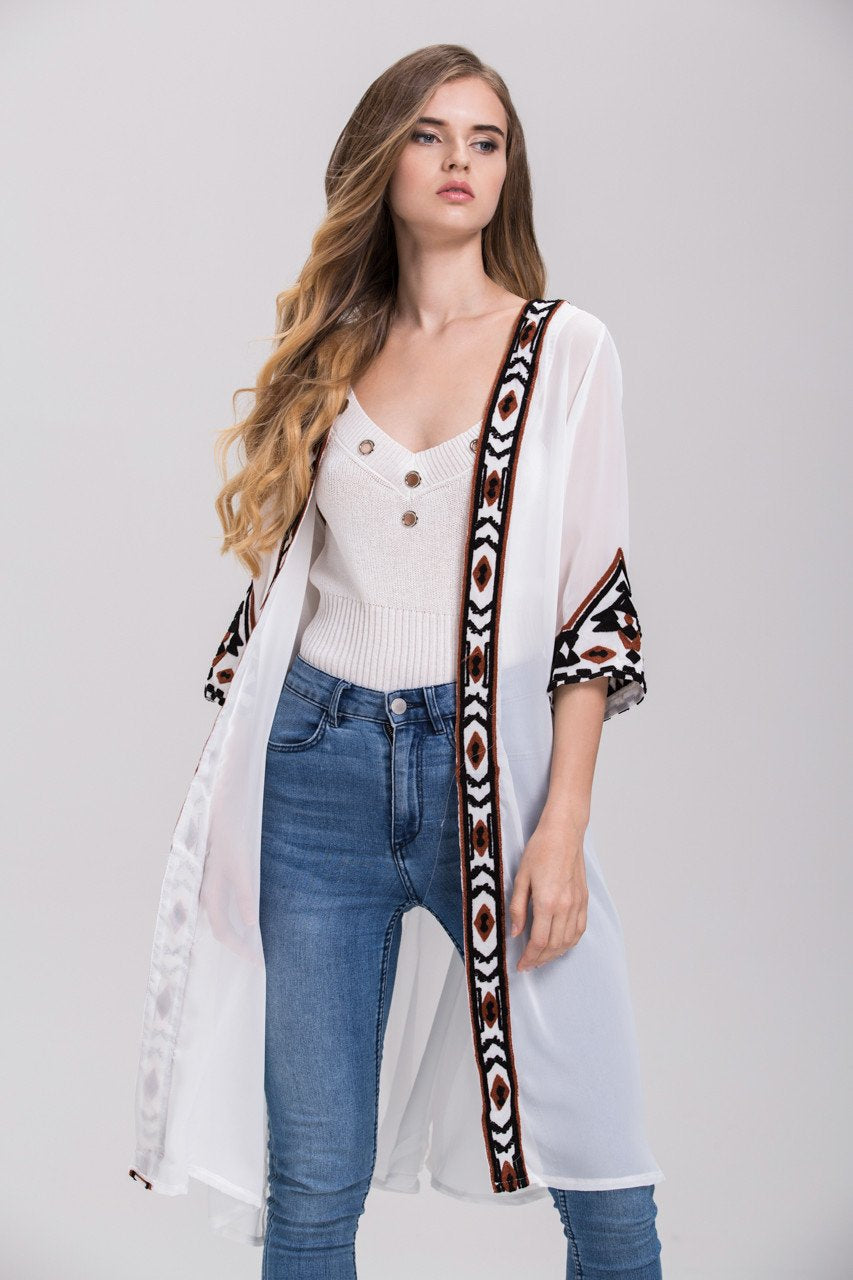 White Sheer Aztec Trim Robe Cardigan Top - ownthelooks-Development