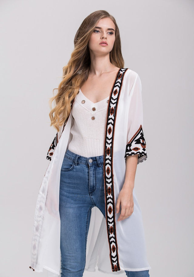White Sheer Aztec Trim Robe Cardigan Top - ownthelooks-Development
