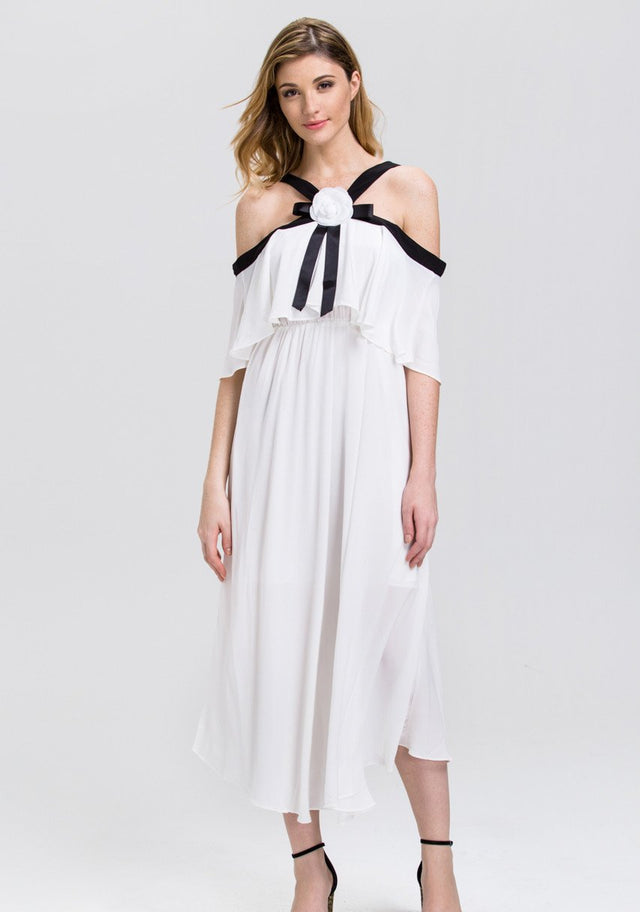 Fatima Almomen - White Chiffon Black Strap Off the Shoulder Midi Dress - ownthelooks-Development