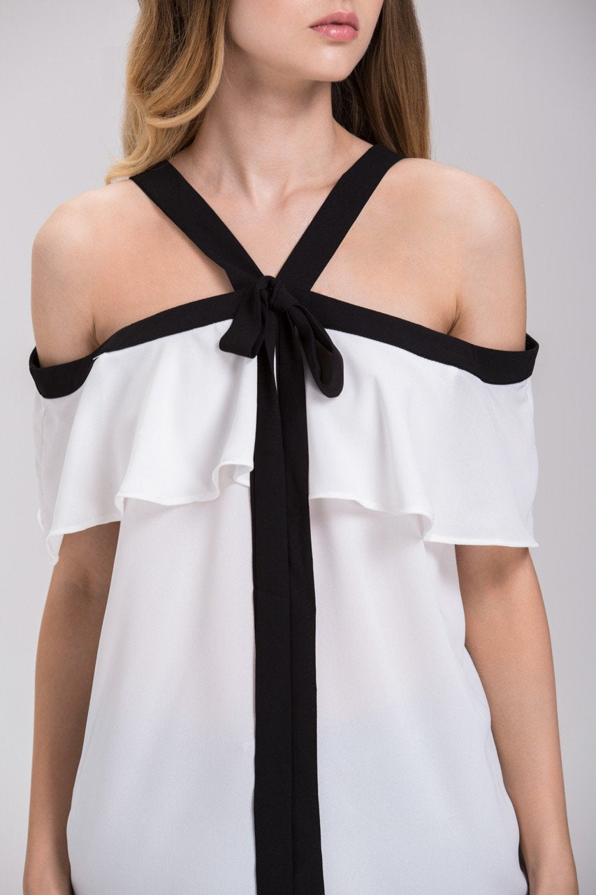 Mina Al Sheikhly - White Chiffon Ruffled Cold Shoulder Top - ownthelooks-Development