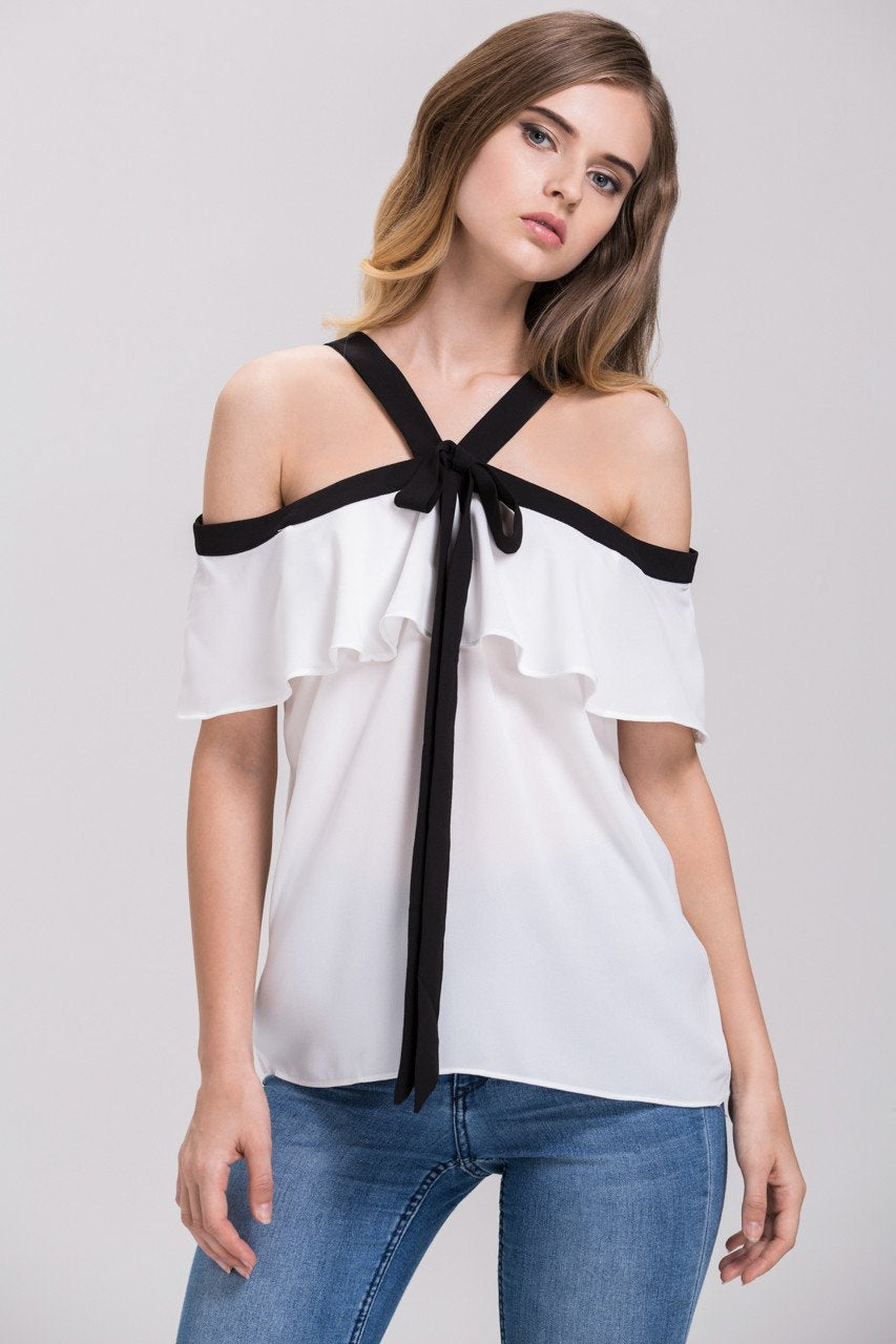 Mina Al Sheikhly - White Chiffon Ruffled Cold Shoulder Top - ownthelooks-Development