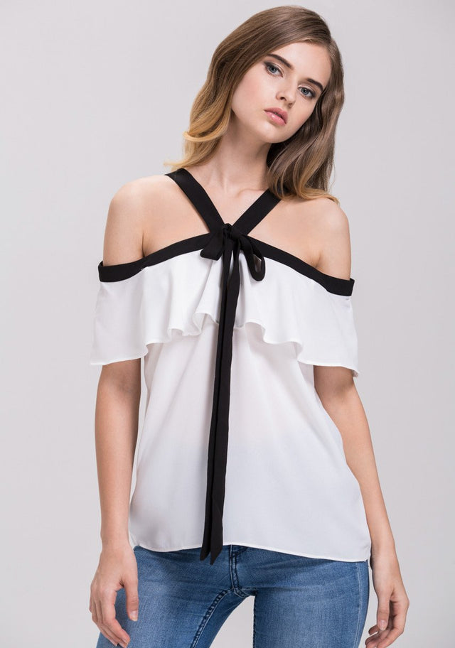 Mina Al Sheikhly - White Chiffon Ruffled Cold Shoulder Top - ownthelooks-Development