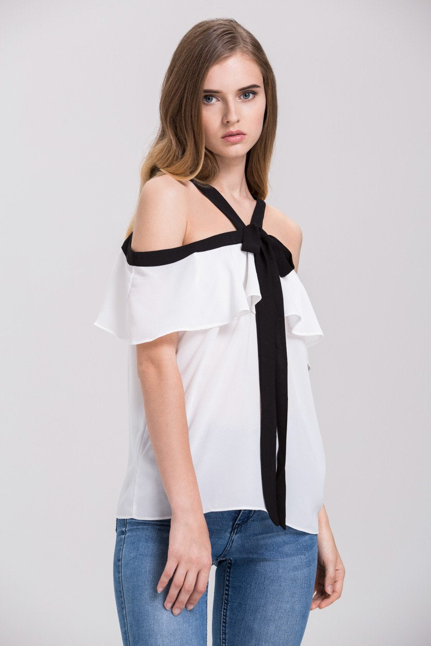 Mina Al Sheikhly - White Chiffon Ruffled Cold Shoulder Top - ownthelooks-Development