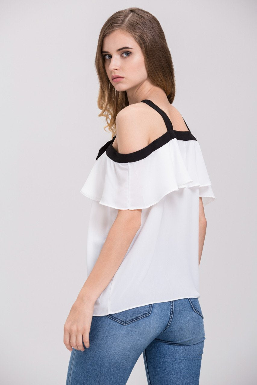 Mina Al Sheikhly - White Chiffon Ruffled Cold Shoulder Top - ownthelooks-Development