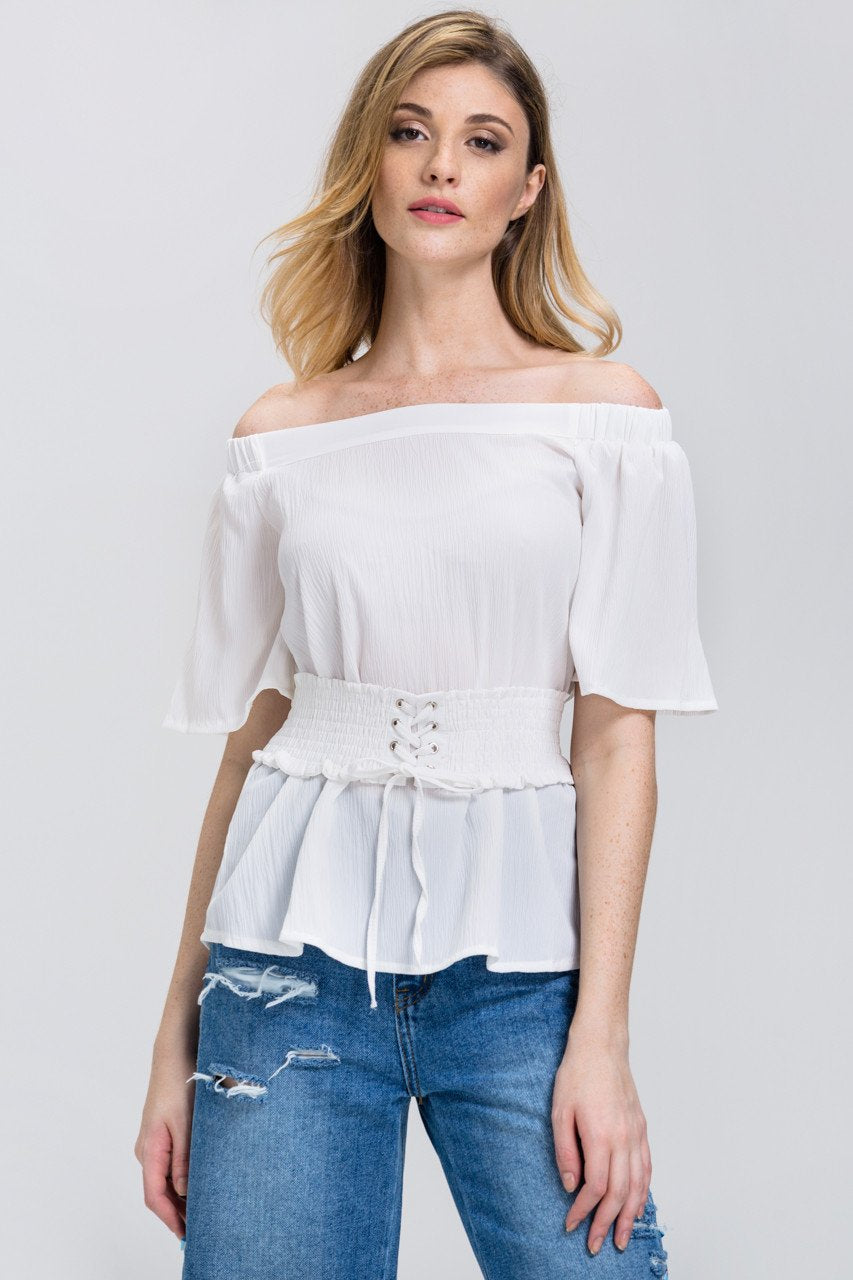 White Crepe Off-The-Shoulder Corset Top - ownthelooks-Development