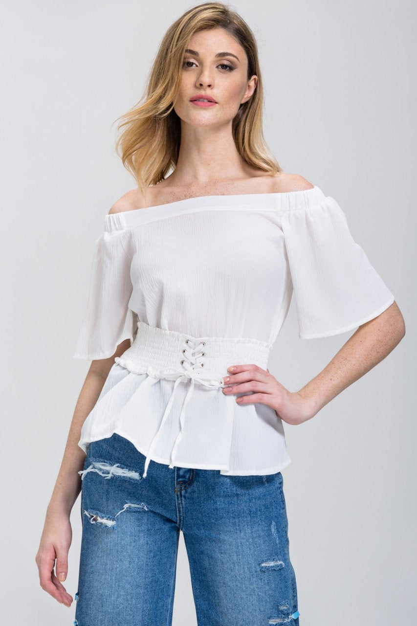 White Crepe Off-The-Shoulder Corset Top - ownthelooks-Development