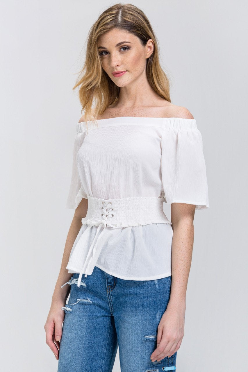 White Crepe Off-The-Shoulder Corset Top - ownthelooks-Development