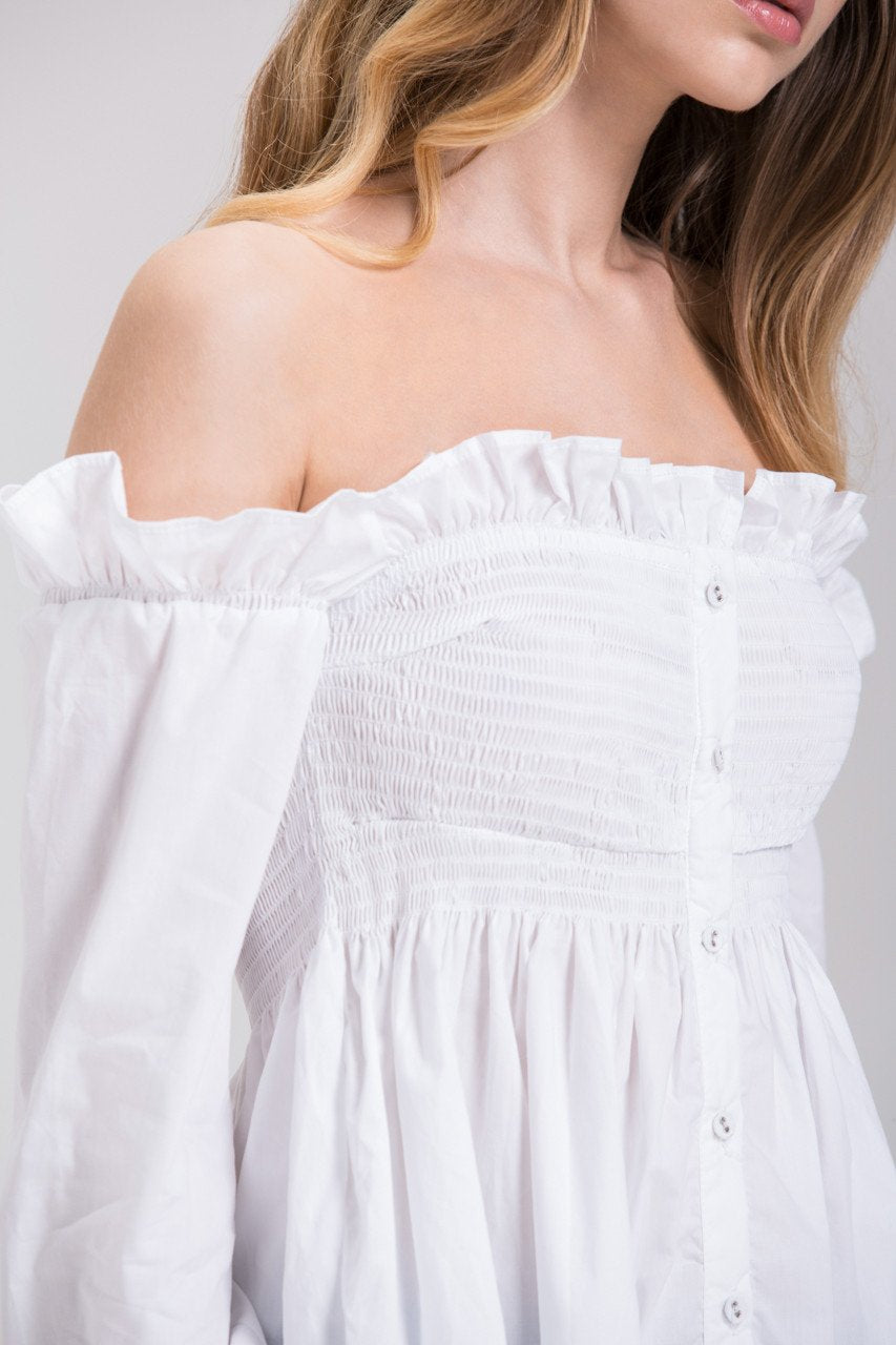 Dima Al Sheikhly - White Elastic Long Sleeves Button Up Off the Shoulder Top - ownthelooks-Development