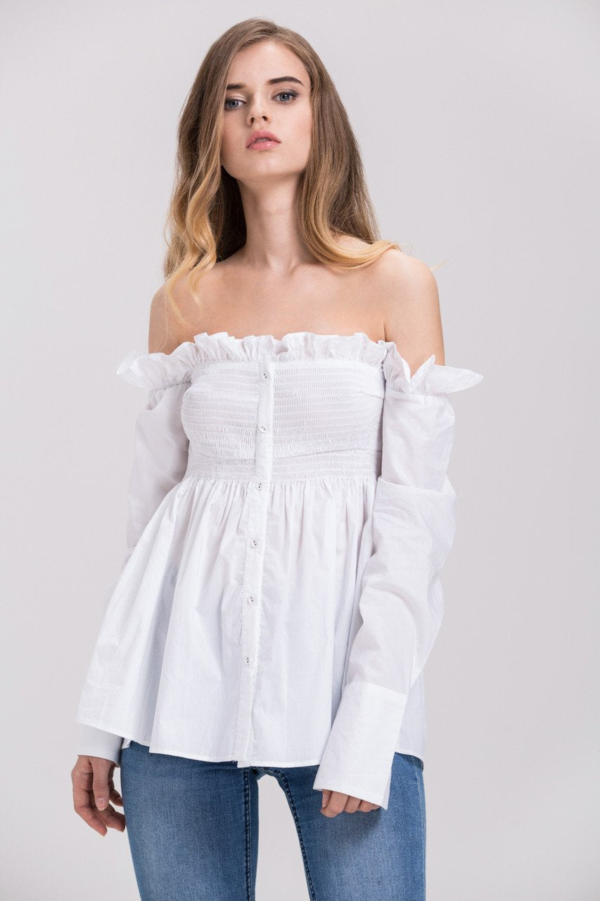 Dima Al Sheikhly - White Elastic Long Sleeves Button Up Off the Shoulder Top - ownthelooks-Development