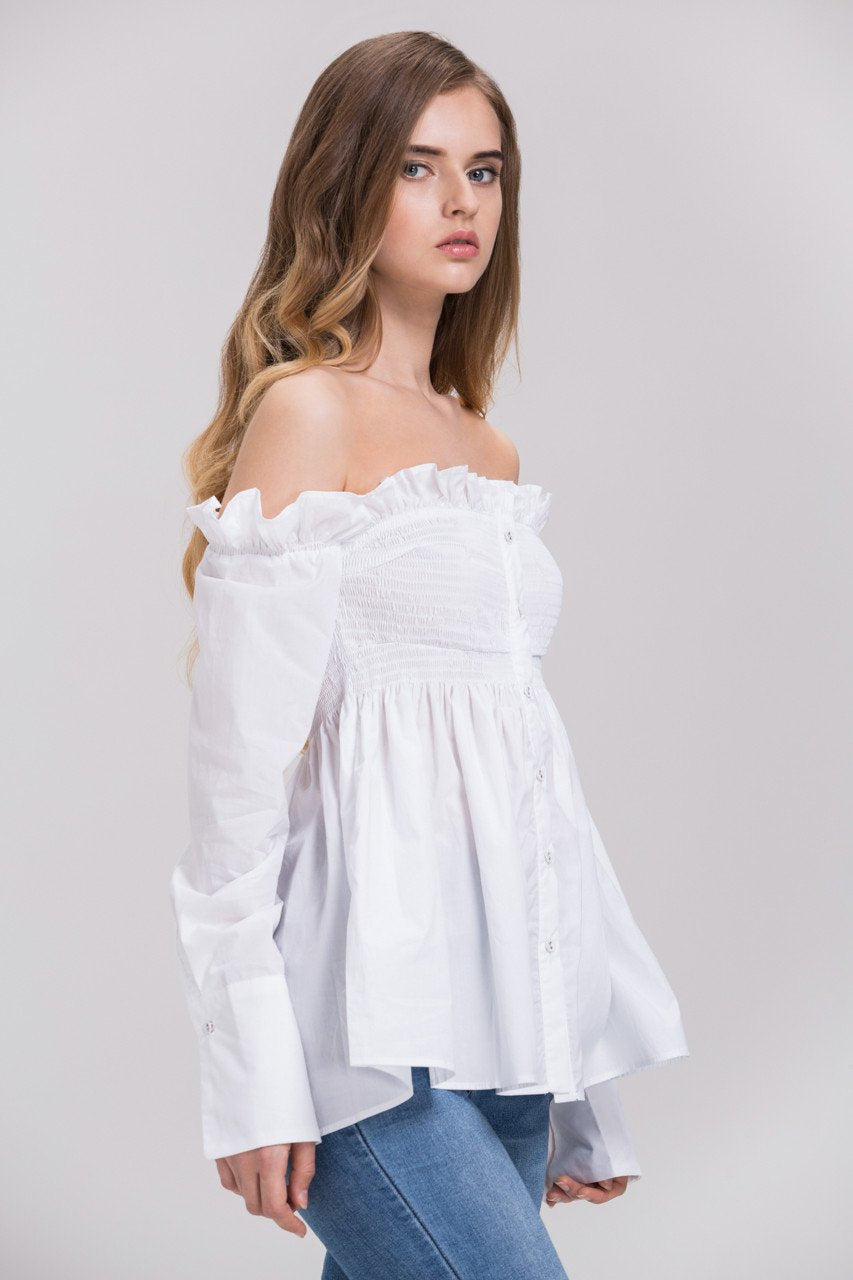 Dima Al Sheikhly - White Elastic Long Sleeves Button Up Off the Shoulder Top - ownthelooks-Development