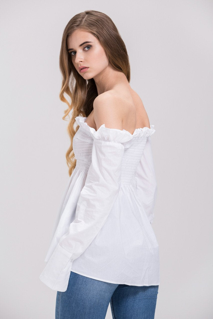 Dima Al Sheikhly - White Elastic Long Sleeves Button Up Off the Shoulder Top - ownthelooks-Development