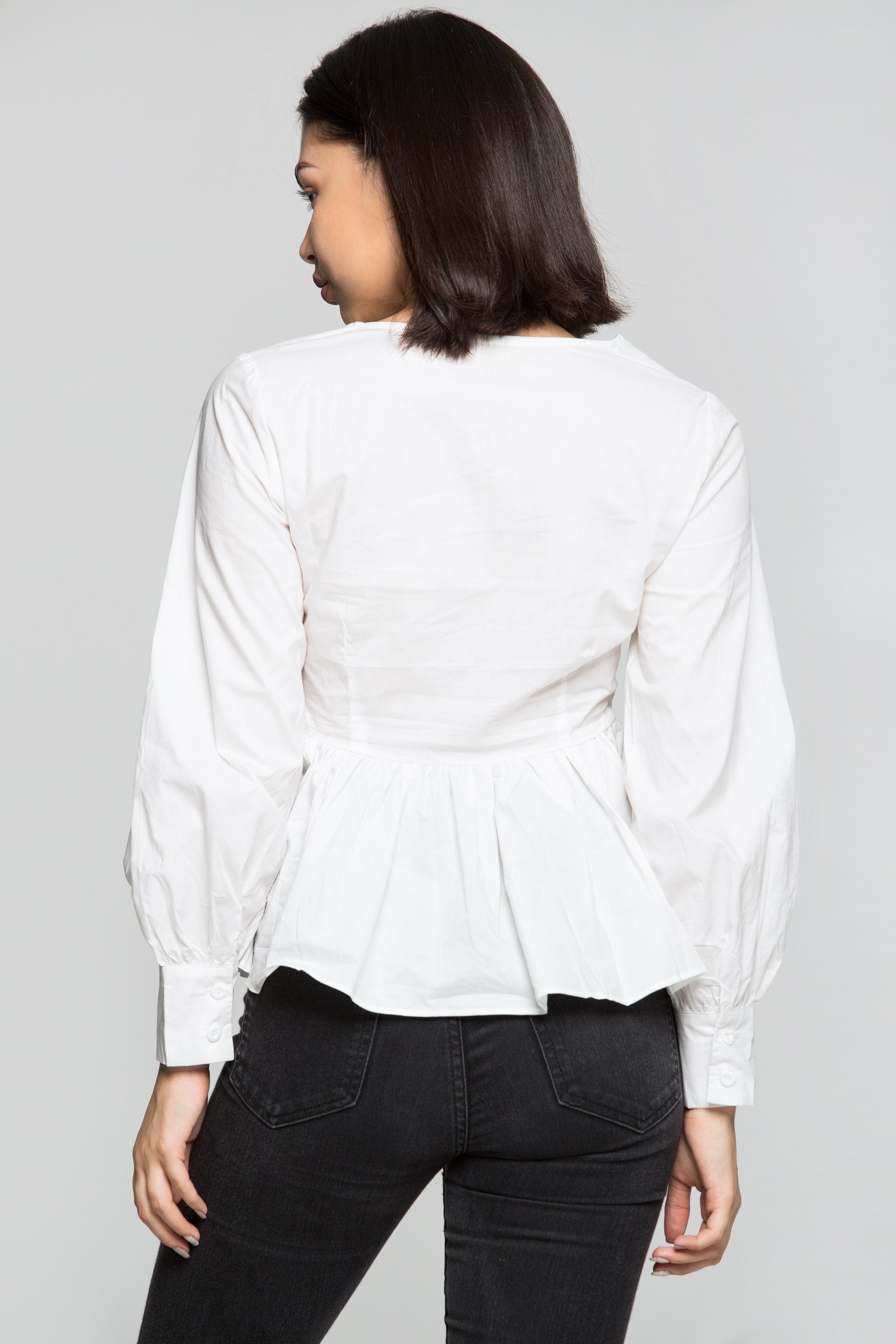 White Full Sleeves Cinched Peplum Top - ownthelooks-Development