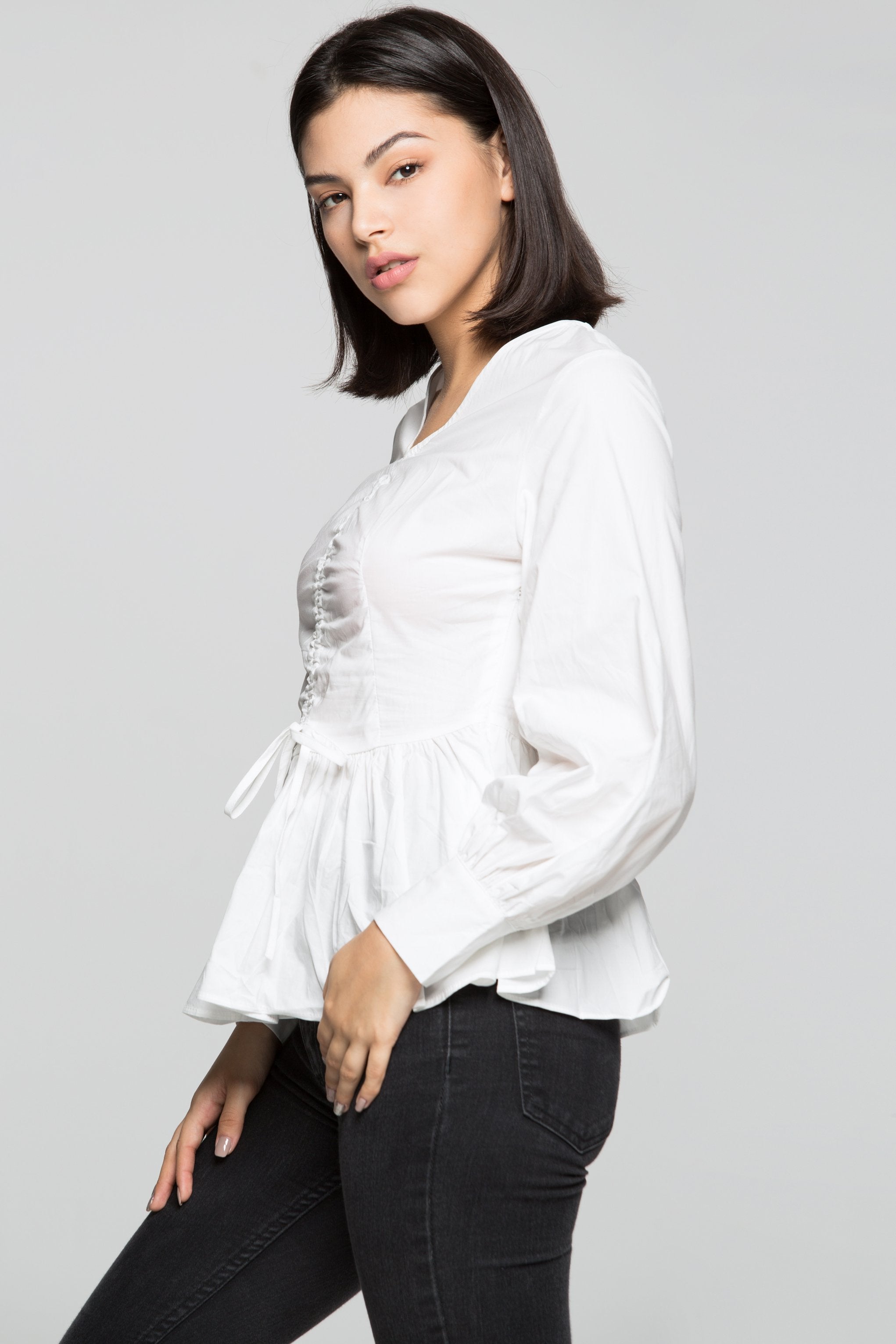 White Full Sleeves Cinched Peplum Top - ownthelooks-Development