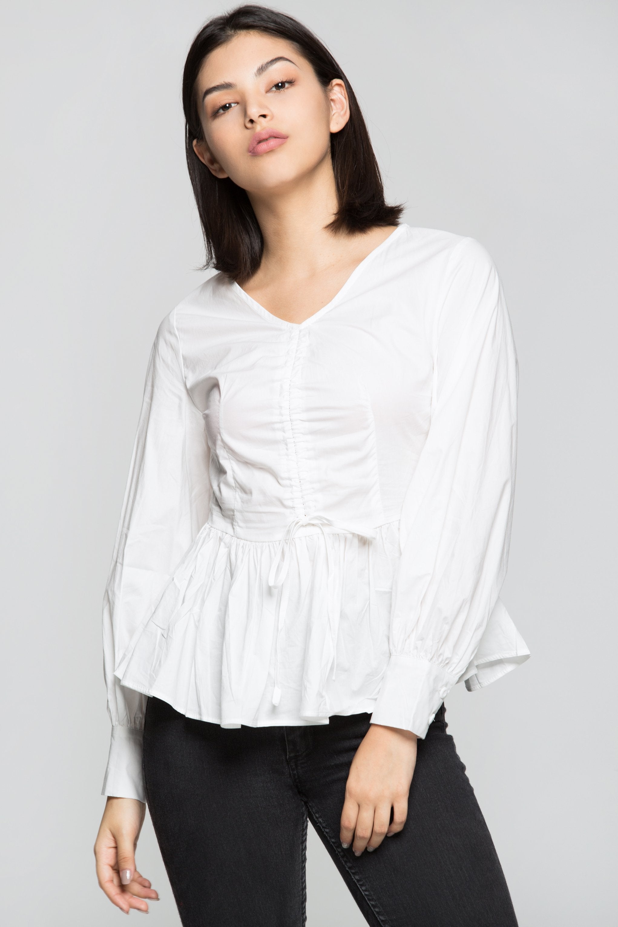 White Full Sleeves Cinched Peplum Top - ownthelooks-Development