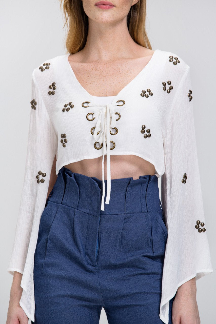 White Lace Up Flare Sleeve Bolero - ownthelooks-Development