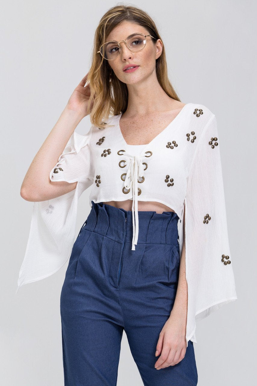 White Lace Up Flare Sleeve Bolero - ownthelooks-Development